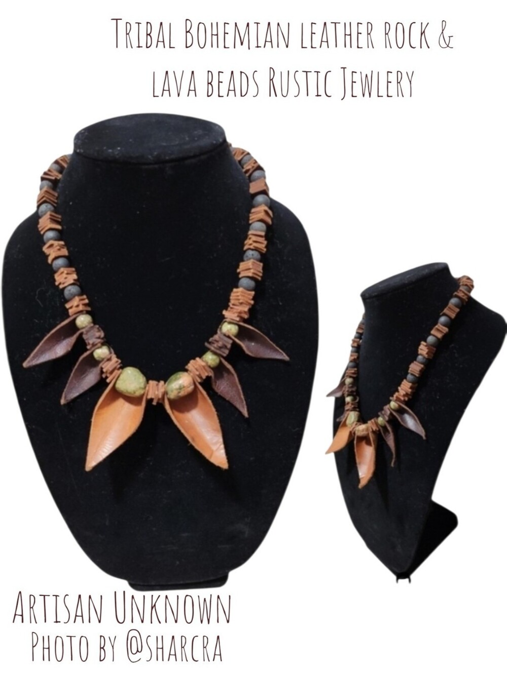 Tribal Bohemian Women's necklace brown leather rock & lava beads Rustic Jewlery